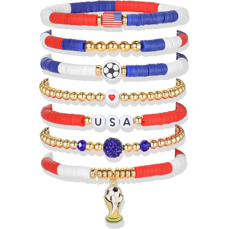 2026 World Cup Football Bracelet Set – Soccer Charm Beaded Stack Bracelets for Fans